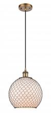  516-1P-BB-G121-10CBK - Farmhouse Chicken Wire - 1 Light - 10 inch - Brushed Brass - Cord hung - Mini Pendant